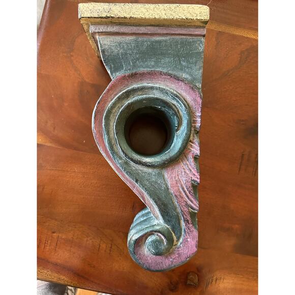 Vintage Wall Sconce Corbel Shelf solid wood Mexico blue burgundy 11x5” drape - Picture 2 of 16